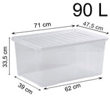 AUFBEWAHRUNGSBOX 90 Liter - Aufbewahrungsbox mit Deckel - 71x47x33cm - transparent klar - stapelbar - Kunststoff Box Stapelkiste Unterbettkommode Büro