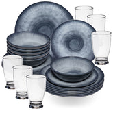 Melamin Geschirr Set Jesolo Grau für 6 Personen - 24 Teile - mit klarem Trinkglas 380ml - aus Acryl Steingutoptik Campinggeschirr