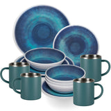 Melamin Geschirr Set Jesolo Blau für 4 Personen 16 Teile - mit Edelstahl Thermo Tassen Steingutoptik Spülmaschinengeeignet Essgeschirr Campingzubehör Campinggeschirr Wohnwagen Camping Festival Picknick