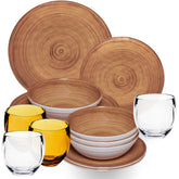 Melamin Geschirr Set Bambi Braun für 4 Personen - 16 Teile mit farblich passenden Trinkgläsern 400 ml aus Acryl Steingutoptik Campinggeschirr