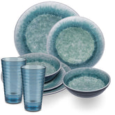 Melamin Geschirr Set Adria Blue für 2 Personen - 8 Teile Blau - mit blauem Trinkglas 400 ml aus Acryl Steingutoptik Campinggeschirr Camping