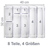 Schubladen Ordnungssystem 8 Teile 32x40 cm 4 Größen 5,5cm hoch klar transparent Antislip - Organizer für Schminktisch Kosmetik Bad Küche Kiste Besteck Aufbewahrungsbox Ordnungsbox Schubladeneinsatz