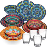 Melamin Geschirr Set Toskana für 4 Personen - 16 Teile - BUNT - Mandala-Optik mit klaren Trinkgläsern 320 ml aus Acryl Campinggeschirr