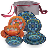 Melamin Geschirr Set Toskana Pastel für 4 Personen - 13 Teile - Orange-Blau - mit Aufbewahrungstasche Mandala-Optik Essgeschirr Campinggeschirr