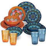 Melamin Geschirr Set Toskana Pastel für 4 Personen - 16 Teile - Orange-Blau - Mandala-Optik mit farblich passenden Trinkgläsern 400 ml aus Acryl Campinggeschirr