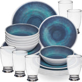 Melamin Geschirr Set Jesolo Blau für 6 Personen - 24 Teile - mit klarem Trinkglas 380ml - aus Acryl Steingutoptik Campinggeschirr