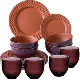 Melamin Geschirrset für 4 Personen - 16 Teile elegante Steingut Optik in Terracotta-Rot - mit buntem Trinkglas 400ml - Campinggeschirr Geschirrset Tafelgeschirr Spülmaschinengeeignet Outdoor Camping