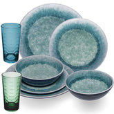Melamin Geschirr Set Adria Blue für 2 Personen - 8 Teile Blau - mit farblich passenden Trinkgläsern 260 ml aus Acryl Steingutoptik Campinggeschirr Camping
