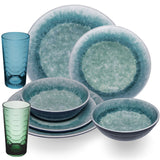 Melamin Geschirr Set Adria Blue für 2 Personen - 8 Teile Blau - mit farblich passenden Trinkgläsern 260 ml aus Acryl Steingutoptik Campinggeschirr Camping