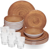 Melamin Geschirr Set Bambi Braun für 6 Personen - 24 Teile mit klaren Trinkgläsern 250 ml aus Acryl Steingutoptik Campinggeschirr