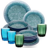 Melamin Geschirr Set Adria Blue für 4 Personen - 16 Teile Blau - mit farblich passenden Trinkgläsern 320 ml aus Acryl Steingutoptik Campinggeschirr