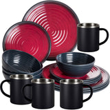 Melamin Geschirr Set Rot Schwarz für 6 Personen 24 Teile mit Edelstahl Thermo Tassen doppelwandig - Tonoptik Essgeschirr - Campinggeschirr Picknick ideal für Camping modern Outdoor