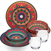 Melamin Geschirr Set Toskana Deep für 2 Personen - 8 Teile - Rot-Grün - Mandala-Optik mit klaren Trinkgläsern 400 ml Campinggeschirr