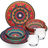 Melamin Geschirr Set Toskana Deep für 2 Personen - 8 Teile - Rot-Grün - Mandala-Optik mit klaren Trinkgläsern 400 ml Campinggeschirr