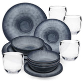 Melamin Geschirr Set Jesolo Grau für 4 Personen - 16 Teile - mit klarem Trinkglas 400ml - aus Acryl Steingutoptik Campinggeschirr