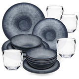 Melamin Geschirr Set Jesolo Grau für 4 Personen - 16 Teile - mit klarem Trinkglas 400ml - aus Acryl Steingutoptik Campinggeschirr