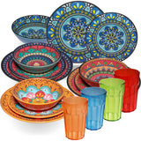 Melamin Geschirr Set Toskana für 4 Personen - 16 Teile - BUNT - Mandala-Optik mit farblich passenden Trinkgläsern 450 ml aus Acryl Campinggeschirr