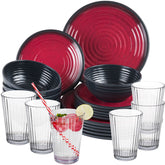 Melamin Geschirr Set Rot für 6 Personen 24 Teile mit Trinkglas klar Tonoptik - Essgeschirr Acryl Wasserglas - Campinggeschirr