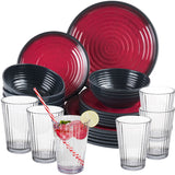 Melamin Geschirr Set Rot für 6 Personen 24 Teile mit Trinkglas klar Tonoptik - Essgeschirr Acryl Wasserglas - Campinggeschirr