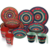 Melamin Geschirr Set Toskana Deep für 4 Personen - 16 Teile - Rot-Grün - Mandala-Optik Campingzubehör Campinggeschirr