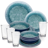 Melamin Geschirr Set Adria Blue für 4 Personen - 16 Teile Blau - mit klarem Trinkglas 400 ml aus Acryl Steingutoptikgeschirr