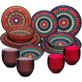 Melamin Geschirr Set Toskana Deep für 4 Personen - 16 Teile Rot-Grün - Mandala-Optik mit farblich passenden Trinkgläsern 400 ml Campinggeschirr