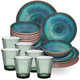 Melamin Geschirr Set Jesolo Grün für 6 Personen - 24 Teile - Trinkglas 360 ml grün - Steingutoptik Spülmaschinengeeignet - Essgeschirr Campingzubehör Campinggeschirr Wohnwagen Camping Gartenparty