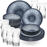 Melamin Geschirr Set Jesolo Grau für 6 Personen - 24 Teile - mit klarem Trinkglas 450ml aus Acryl Steingutoptik Campinggeschirr