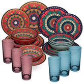 Melamin Geschirr Set Toskana Deep für 6 Personen - 24 Teile Rot-Grün - Mandala-Optik mit farblich passenden Trinkgläsern 260 ml Campinggeschirr