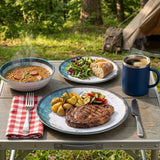 Melamin Geschirr Set Lagune für 2 Personen - 8 Teile - mit Edelstahl Thermo Tassen Steingutoptik Spülmaschinengeeignet Essgeschirr Campingzubehör Campinggeschirr Wohnwagen Camping Festival Picknick Gartenparty