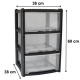 Schubladenbox mit 3 Schubladen 38x38x61 cm - schwarz-transparent Kunststoff Drawer Tower Box Organizer für Schreibtisch Easy-Pull-System