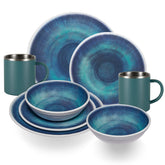 Melamin Geschirr Set Jesolo Blau für 2 Personen 8 Teile - mit Edelstahl Thermo Tassen Steingutoptik Spülmaschinengeeignet Essgeschirr Campingzubehör Campinggeschirr Wohnwagen Camping Festival Picknick