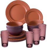 Melamin Geschirrset für 4 Personen - 16 Teile elegante Steingut Optik in Terracotta-Rot - mit buntem Trinkglas 260ml - Campinggeschirr Geschirrset Tafelgeschirr Spülmaschinengeeignet Outdoor Camping