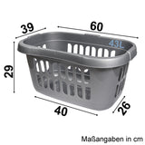 Hüft Wäschekorb 43 Liter SILBER mit 3 Griffmulden - 60x39x29 cm ergonomisch geformt - mit Löcher - Haushaltskorb Wäschesammler - Hipster