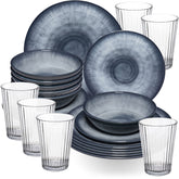 Melamin Geschirr Set Jesolo Grau für 6 Personen - 24 Teile - mit klarem Trinkglas 580ml - aus Acryl Steingutoptik Spülmaschinengeeignet Campingzubehör Campinggeschirr Wohnwagen Camping Festival