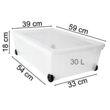 6 x UNTERBETTKOMMODE - Aufbewahrungsbox mit Deckel und Rollen 30 Liter 59x39x18 cm transparent stapelbar LEBENSMITTELECHT - Rollbox Kunststoff Box Kiste Plastik Organizer Büro Haushalt Kinderzimmer