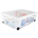 UNTERBETTKOMMODE - Aufbewahrungsbox mit Deckel und Rollen 30 Liter 59x39x18 cm transparent stapelbar LEBENSMITTELECHT - Rollbox Kunststoff Box Kiste - Plastik Organizer Büro Haushalt Kinderbox
