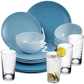 Melamin Geschirr Set 16 Teile elegante Steingut Optik in blau mit Wasserglas 260ml klar - für 4 Personen Essgeschirr Gläser Wasserglas Tumbler Whiskey - Campinggeschirr Picknick ideal Camping modern Outdoor