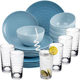 Melamin Geschirr Set 24 Teile elegante Steingut Optik in blau mit Wasserglas 260ml klar - für 6 Personen Essgeschirr Gläser Wasserglas Tumbler Whiskey - Campinggeschirr Picknick ideal Camping modern Outdoor