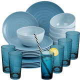 Melamin Geschirr Set 24 Teile elegante Steingut Optik in blau mit Wasserglas 260ml blau - für 6 Personen Essgeschirr Gläser Wasserglas Tumbler Whiskey - Campinggeschirr Picknick ideal Camping modern Outdoor