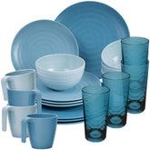 Melamin Geschirr Set 20 Teile elegante Steingut Optik in blau mit Wasserglas 260ml blau - für 4 Personen Essgeschirr Gläser Wasserglas Tumbler Whiskey - Campinggeschirr Picknick ideal Camping modern Outdoor