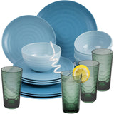 Melamin Geschirr Set 16 Teile elegante Steingut Optik in blau mit Wasserglas 260ml grün - für 4 Personen Essgeschirr Gläser Wasserglas Tumbler Whiskey - Campinggeschirr Picknick ideal Camping modern Outdoor