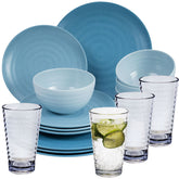 Melamin Geschirr Set 16 Teile elegante Steingut Optik in blau mit Wasserglas 400ml klar - für 4 Personen Essgeschirr Gläser Wasserglas Tumbler Whiskey - Campinggeschirr Picknick ideal Camping modern Outdoor