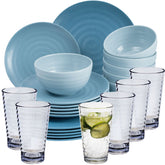 Melamin Geschirr Set 24 Teile elegante Steingut Optik in blau mit Wasserglas 400ml klar - für 6 Personen Essgeschirr Gläser Wasserglas Tumbler Whiskey - Campinggeschirr Picknick ideal Camping modern Outdoor