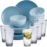 Melamin Geschirr Set 24 Teile elegante Steingut Optik in blau mit Wasserglas 400ml klar - für 6 Personen Essgeschirr Gläser Wasserglas Tumbler Whiskey - Campinggeschirr Picknick ideal Camping modern Outdoor
