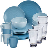 Melamin Geschirr Set 20 Teile elegante Steingut Optik in blau mit Wasserglas 400ml klar - für 4 Personen Essgeschirr Gläser Wasserglas Tumbler Whiskey - Campinggeschirr Picknick ideal Camping modern Outdoor