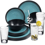 Melamin Geschirrset für 4 Personen blau schwarz - 16 Teile - mit klaren Trinkgläsern 260 ml Campinggeschirr Essgeschirr Gläser Wasserglas Tumbler Whiskey Campinggeschirr Picknick Camping Outdoor