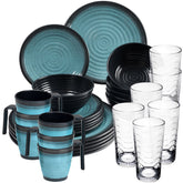 Melamin Geschirr Set 30 Teile elegante Steingut Optik in blau mit Tassen Wasserglas 260ml klar - für 6 Personen Essgeschirr Gläser Wasserglas Tumbler Whiskey Campinggeschirr Picknick Camping Outdoor