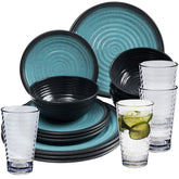 Melamin Geschirrset für 4 Personen blau schwarz - 16 Teile - mit klaren Trinkgläsern 400 ml Campinggeschirr Essgeschirr Gläser Wasserglas Tumbler Whiskey Campinggeschirr Picknick Camping Outdoor