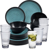 Melamin Geschirr Set 24 Teile elegante Steingut Optik in blau mit Wasserglas 400ml klar - für 6 Personen Essgeschirr Gläser Wasserglas Tumbler Whiskey Campinggeschirr Picknick ideal Camping Outdoor